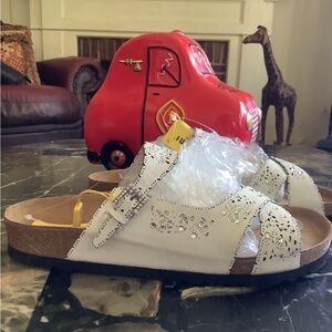 Nwt the original Birkenstocks tatami white leather crystal slide sandals size 40